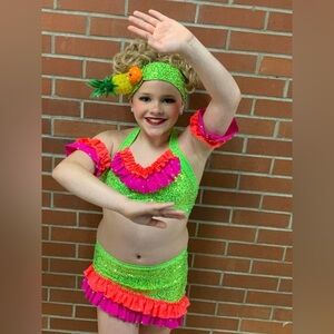 Sparkling Green and Pink Kids Costume, Congo dance costume ch med/lg